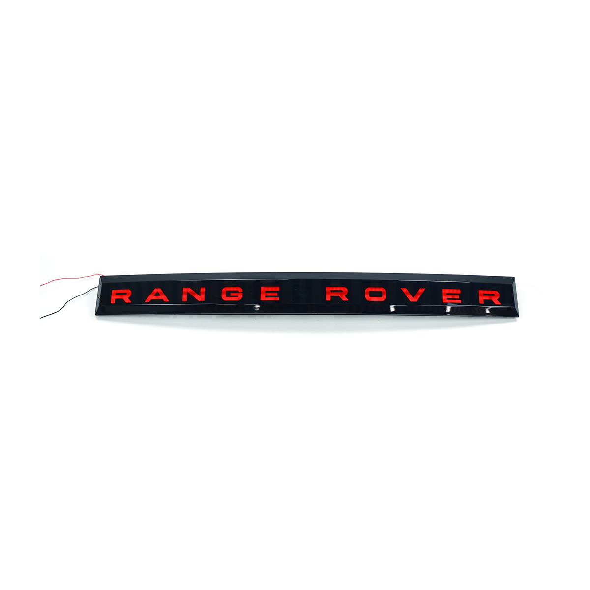 Front view of PLOMOR LED tailgate light bar with illuminated “RANGE ROVER” letters for Range Rover Sport L461 (2023+), red lighting.