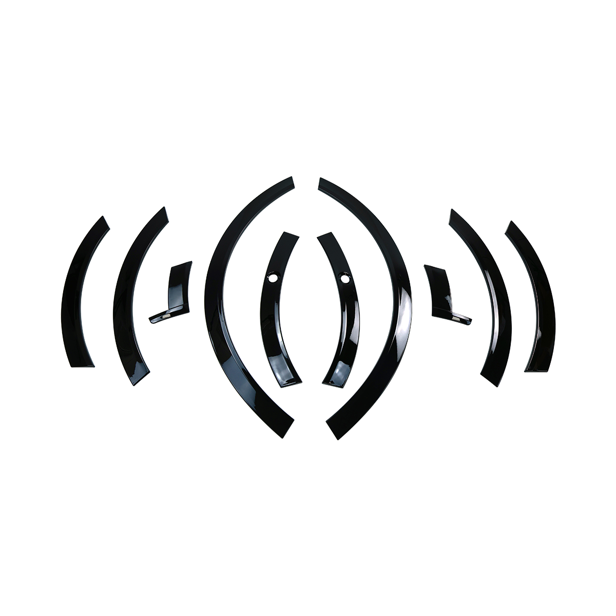 Top view of PLOMOR gloss-black wheel arch / fender flare extension kit for Range Rover Sport L461 (2023+), complete 10-piece set laid out.