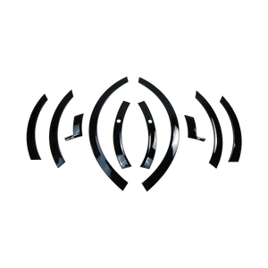 Top view of PLOMOR gloss-black wheel arch / fender flare extension kit for Range Rover Sport L461 (2023+), complete 10-piece set laid out.