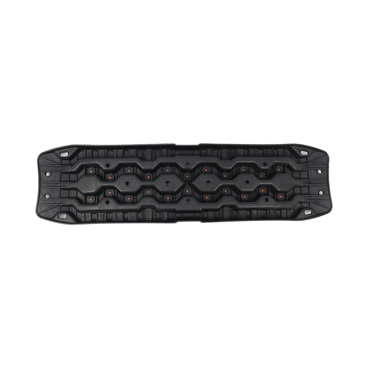 Black off-road recovery traction board, bottom view showing mounting holes and stud pattern on a white background.