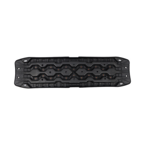 Black off-road recovery traction board, bottom view showing mounting holes and stud pattern on a white background.