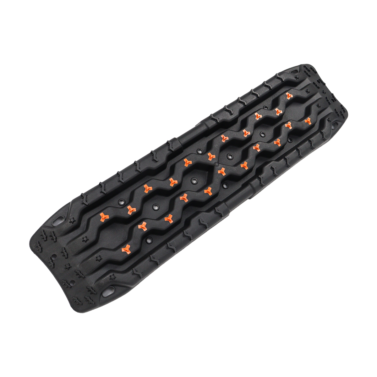 Black off-road recovery traction board with orange cleats, shown in angled three-quarter view on a white background.