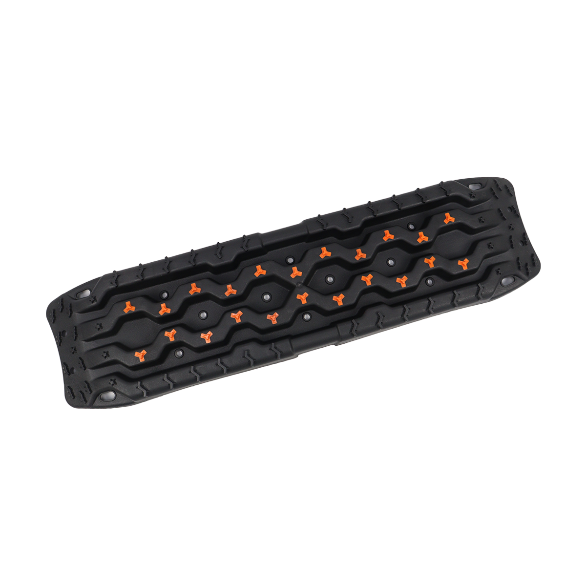 Angled view of a black recovery traction board with orange replaceable cleats and molded tire-tread surface on a white background.