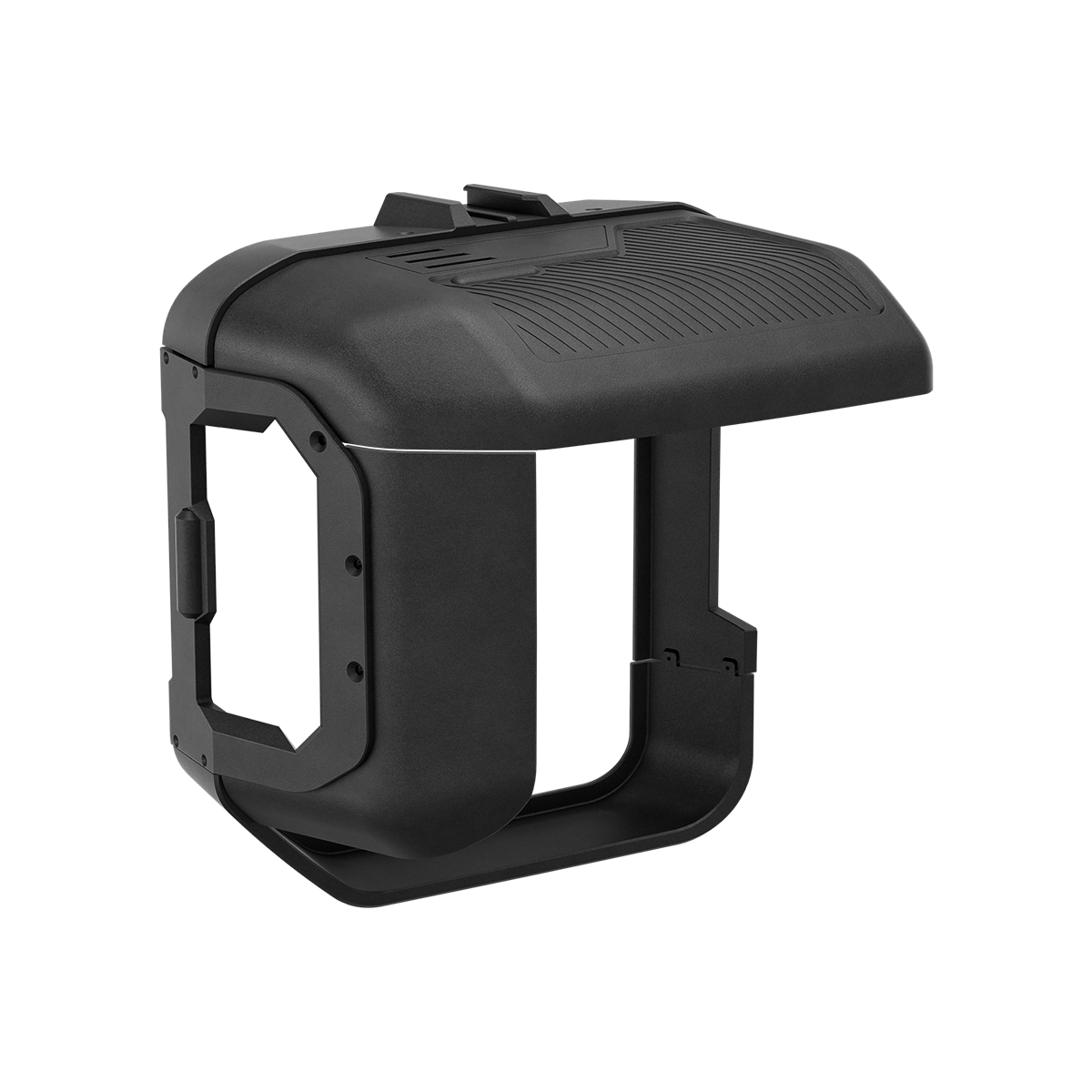 PLOMOR spare wheel storage box with lockable top lid—three-quarter view showing textured cover and U-frame that fits inside the spare wheel.