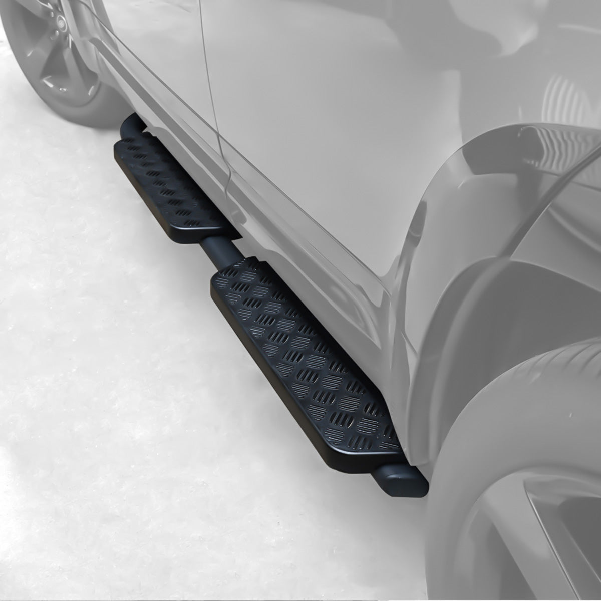 PLOMOR steel side steps rear angle installed on Defender vehicle