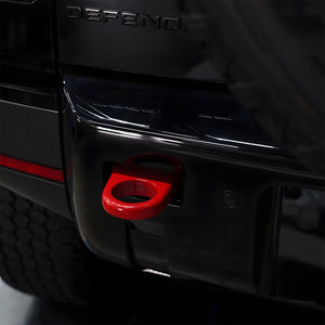 Close-Up of PLOMOR Tow Hook Installed on Defender Rear
