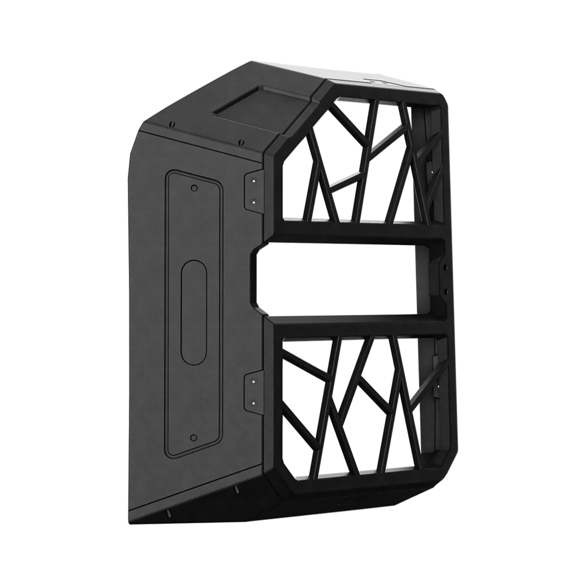 PLOMOR D-pillar embedded bar guard MOLLE side panel, magnesium-aluminium alloy, matte black — vehicle-specific for Toyota Land Cruiser LC250 / Land Cruiser 1958 (2024+); studio render on transparent background