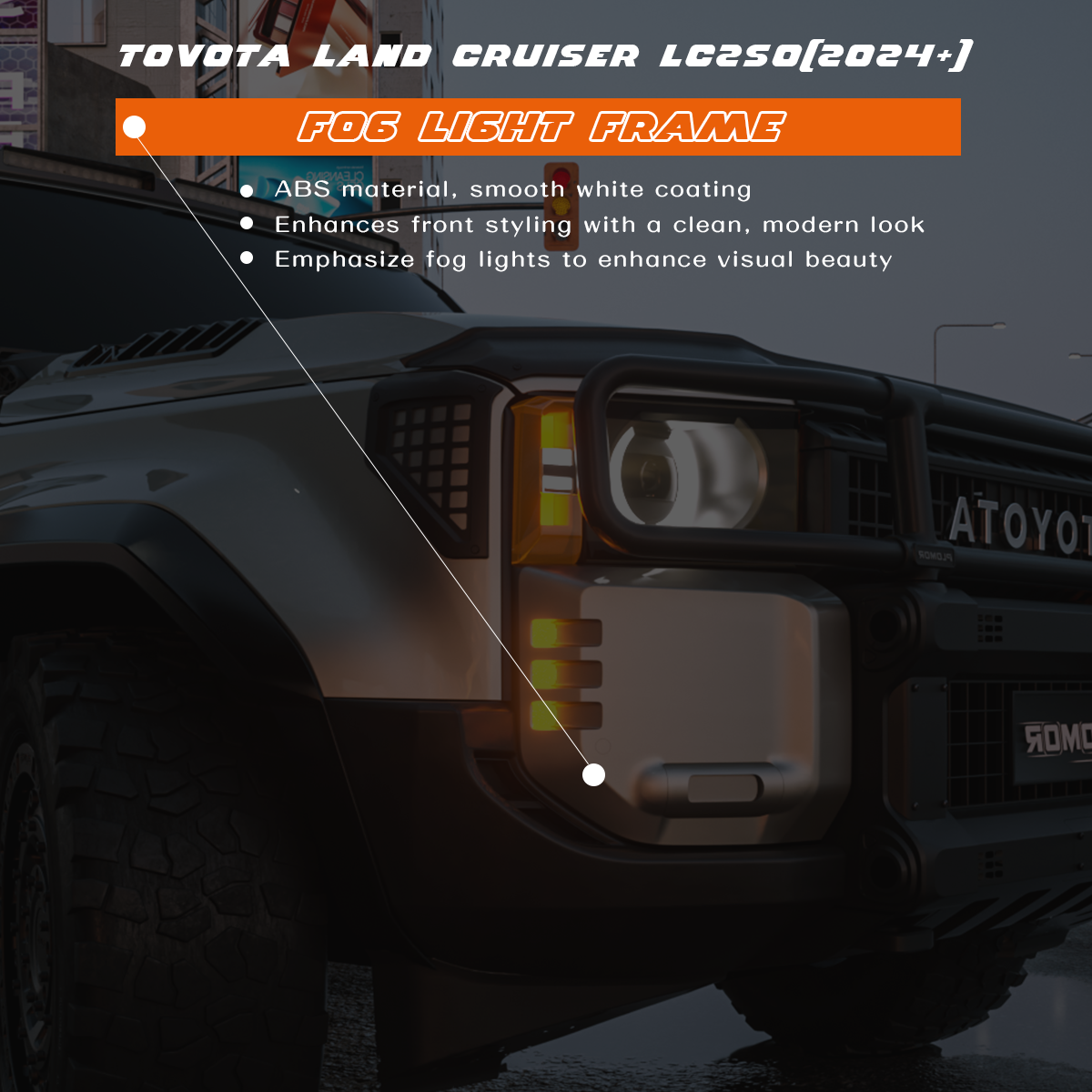 Toyota Land Cruiser LC250 (2024+) fitted with PLOMOR fog light frame in white ABS, highlighting the fog lamp area and enhancing the front bumper aesthetics at night.