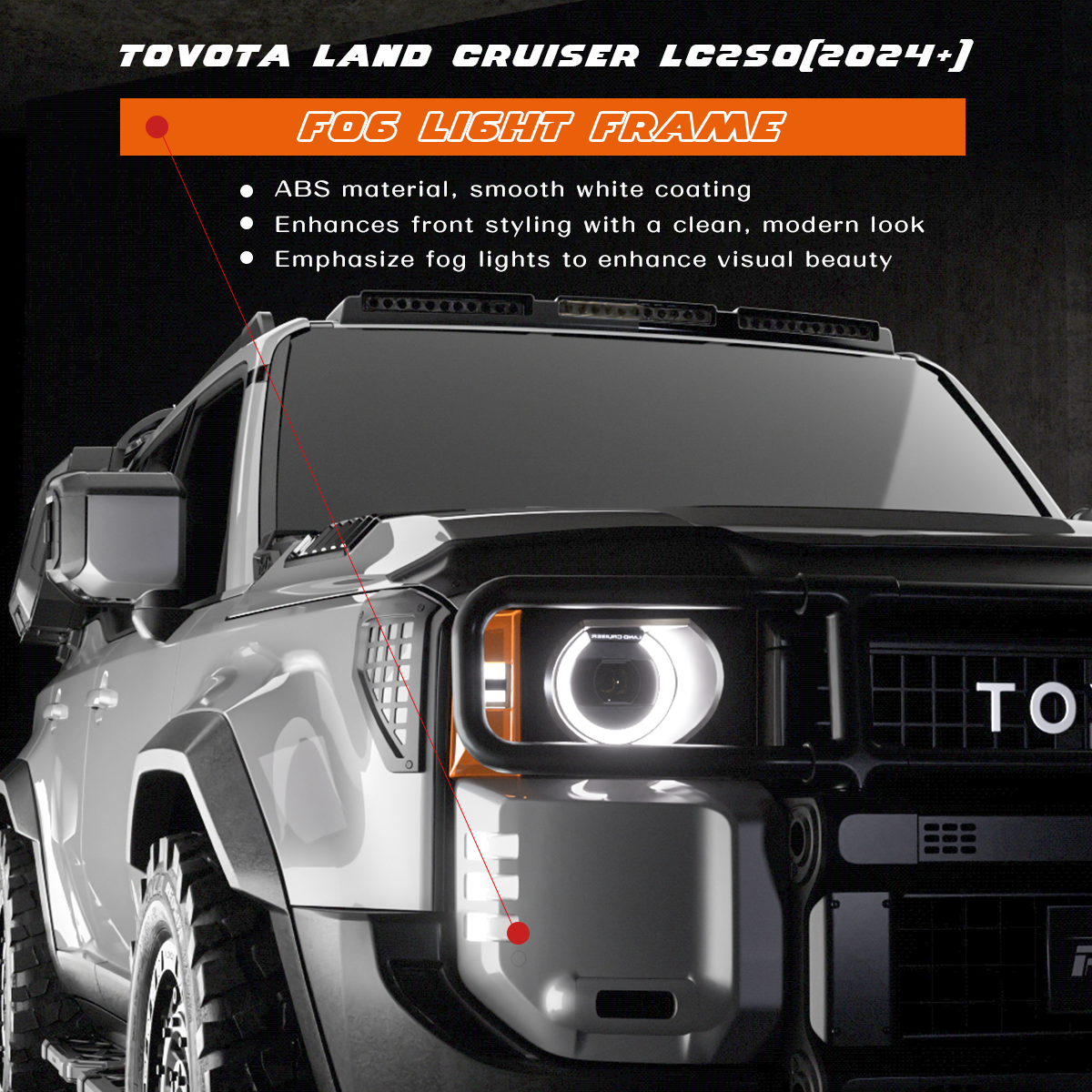 Close-up of PLOMOR fog light frame for Toyota Land Cruiser LC250 (2024+), white ABS finish highlighting front fog lamps and enhancing the vehicle’s modern look.