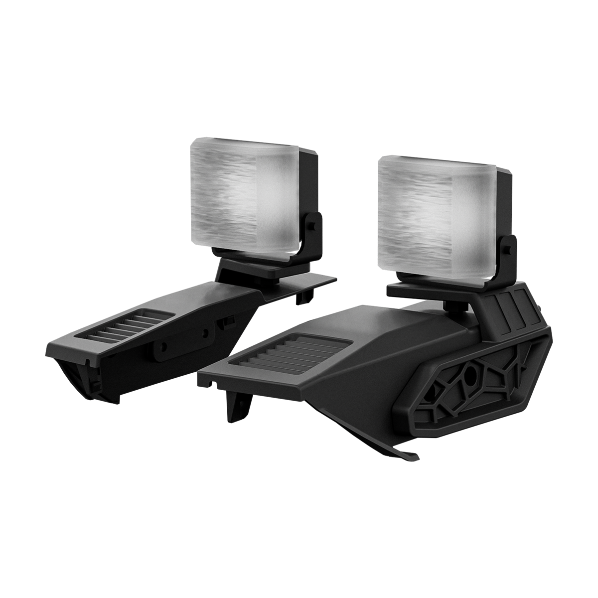 PLOMOR A-pillar ditch light kit for Toyota Land Cruiser LC250, matte black brackets with square LED pods, product studio view