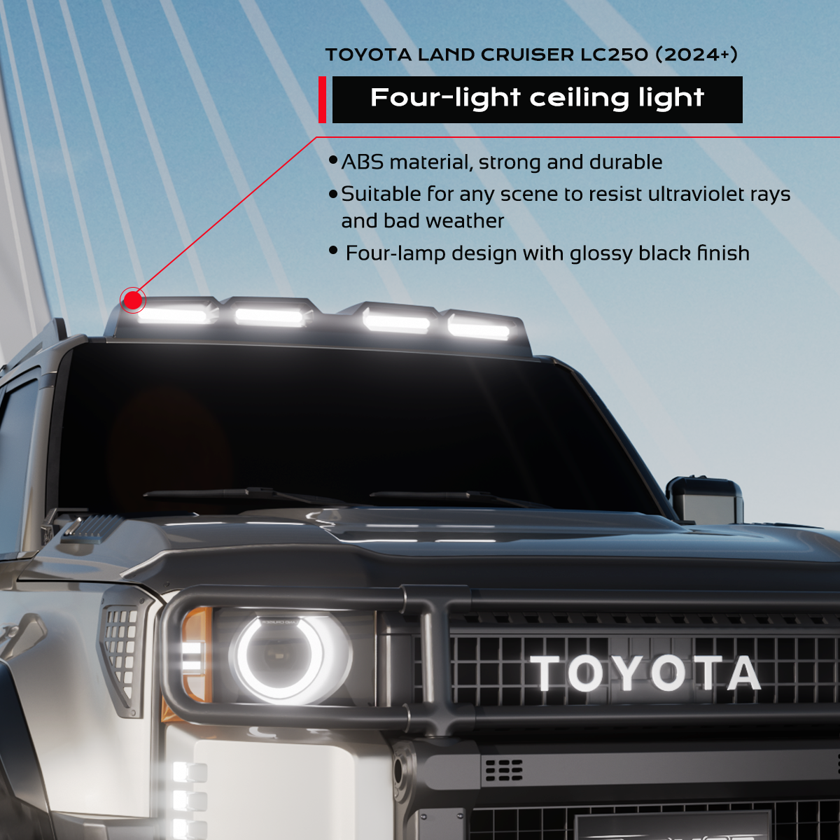 PLOMOR gloss black ABS four-lamp roof lighting cover on Toyota LC250, three-quarter left installed view