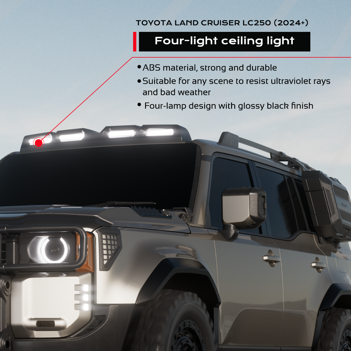 PLOMOR gloss black ABS four-lamp roof lighting cover on Toyota LC250, three-quarter right installed view