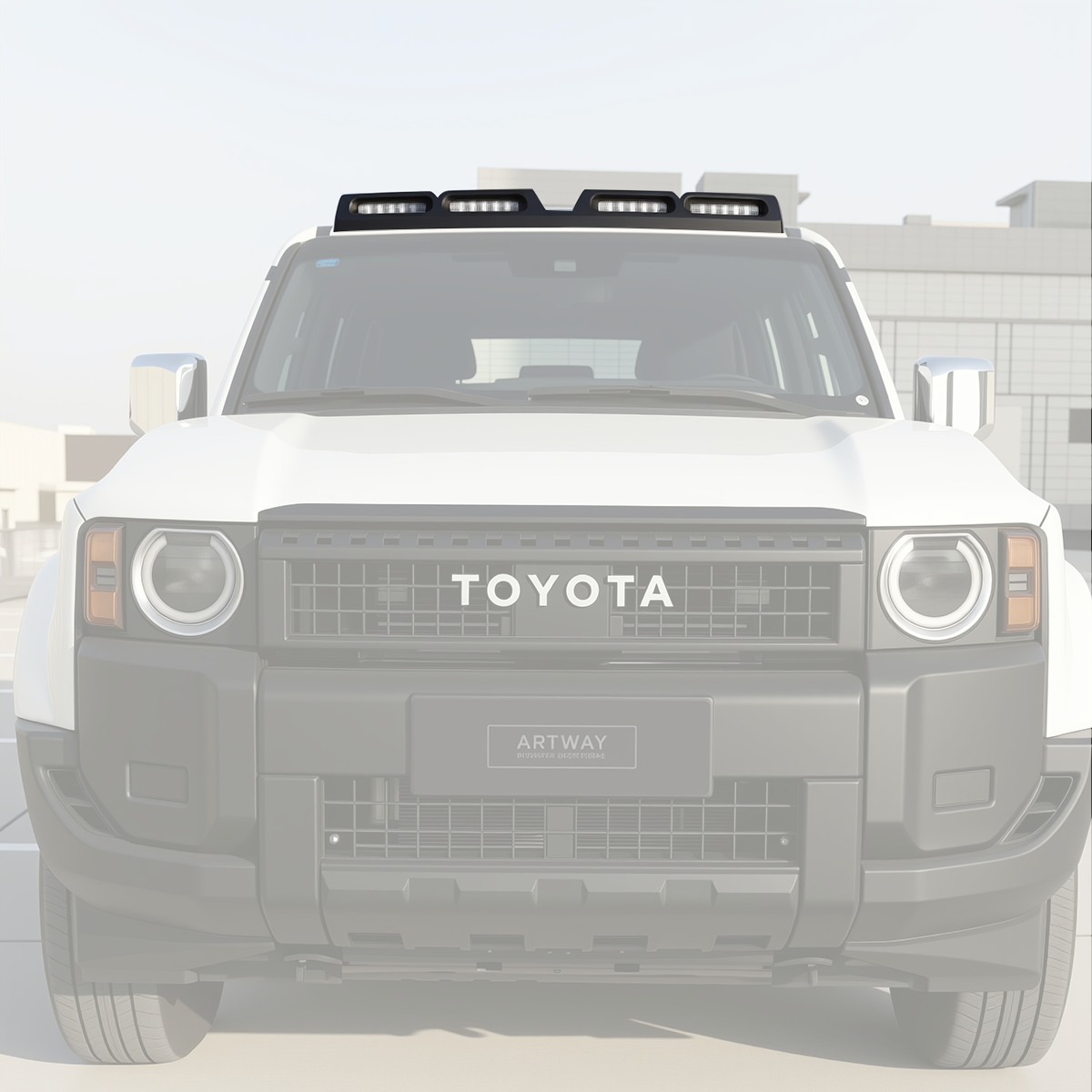 PLOMOR four-lamp roof light cover in gloss black on Toyota LC250, bright front-on outdoor view