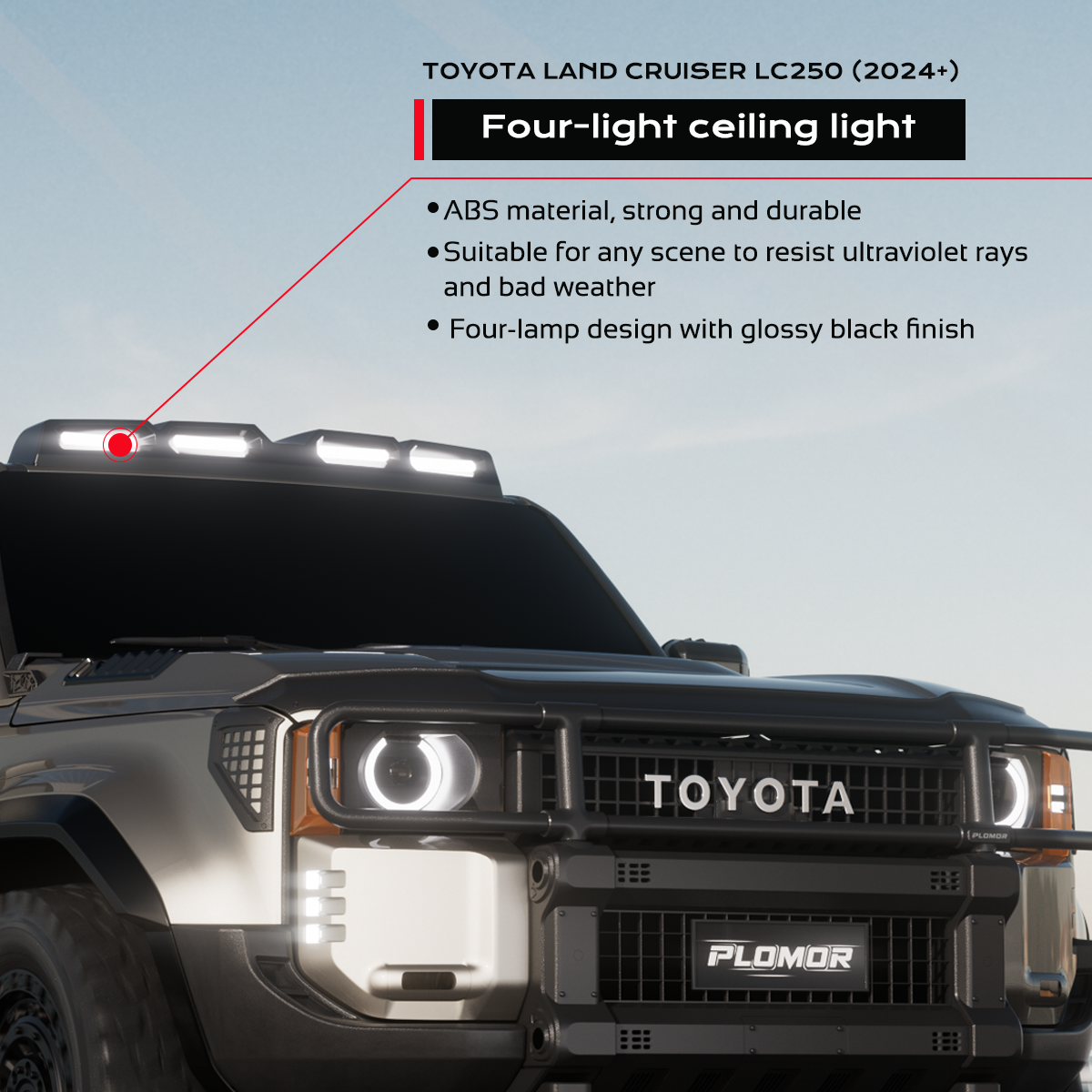 PLOMOR four-lamp roof lighting cover in gloss black on Toyota LC250, front-on close installed view