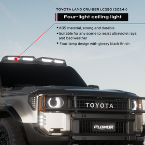 PLOMOR four-lamp roof lighting cover in gloss black on Toyota LC250, front-on close installed view