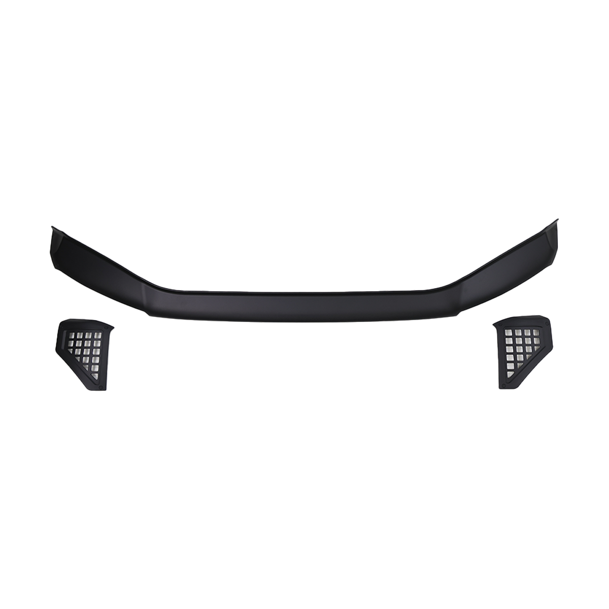 End-cap detail of PLOMOR PP black hood deflector for Toyota LC250, close-up
