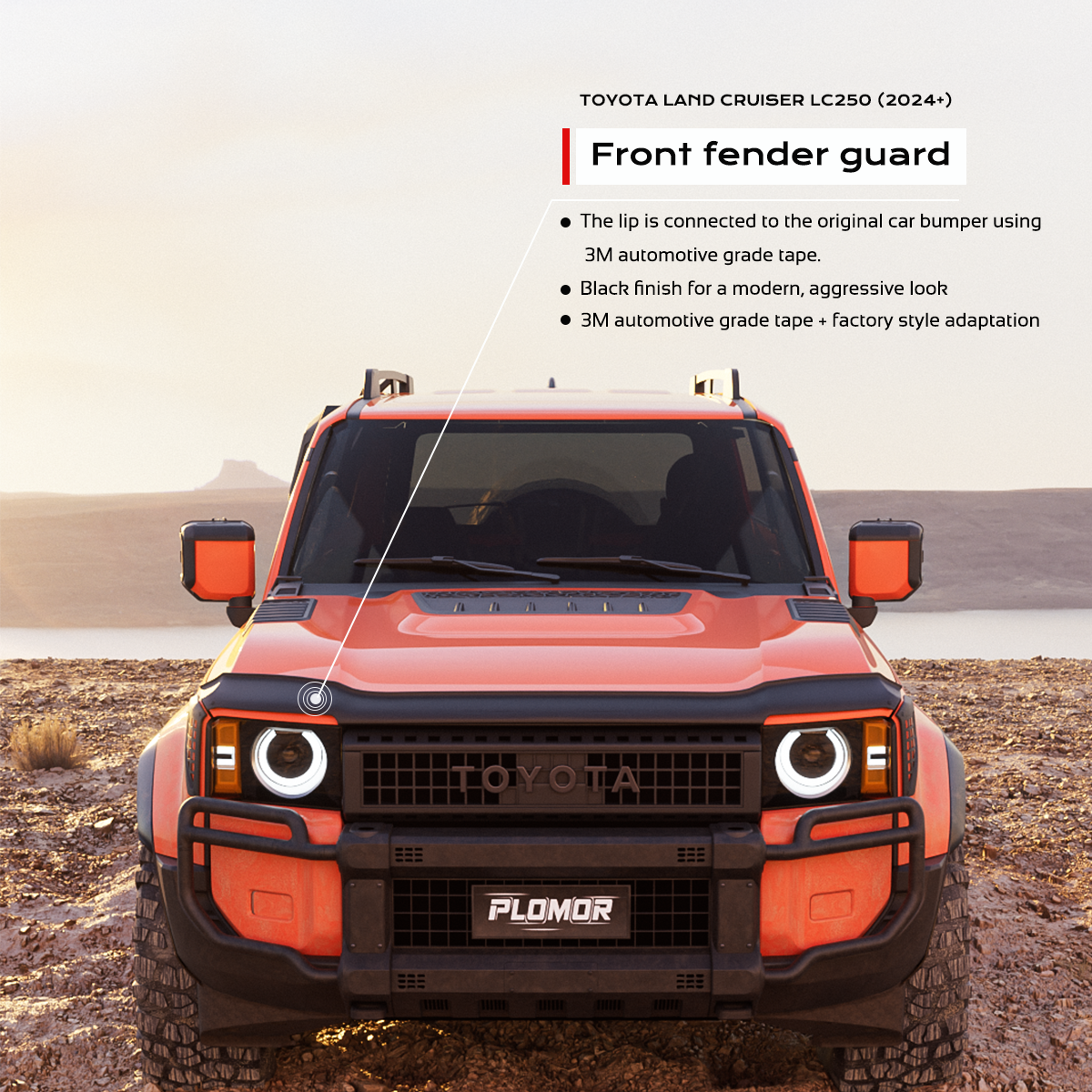 Close-up of PLOMOR PP black hood deflector on Toyota LC250 showing grille edge fitment