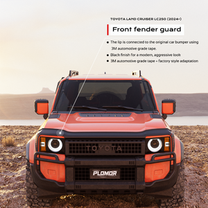 Close-up of PLOMOR PP black hood deflector on Toyota LC250 showing grille edge fitment