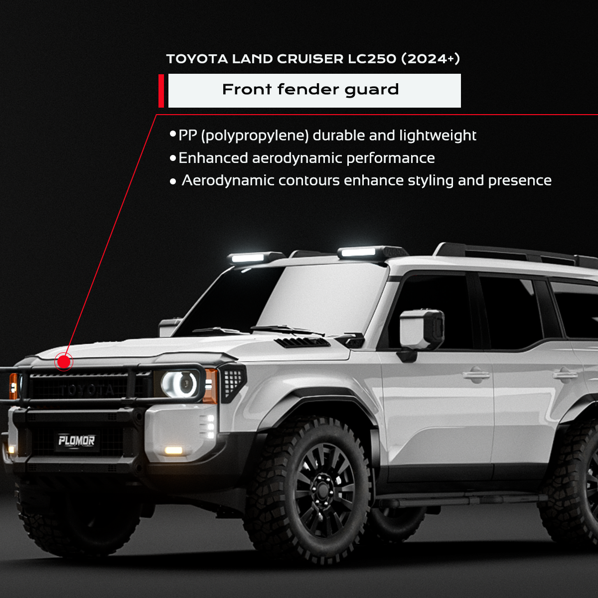 PLOMOR PP black hood deflector bug shield on Toyota LC250, three-quarter left installed view