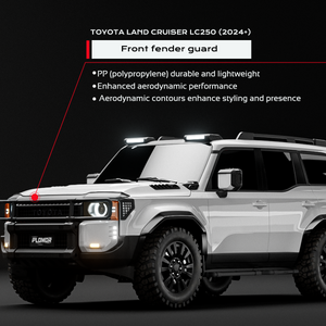 PLOMOR PP black hood deflector bug shield on Toyota LC250, three-quarter left installed view