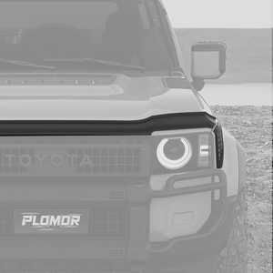 PLOMOR PP black hood deflector for Toyota LC250, three-quarter right installed view
