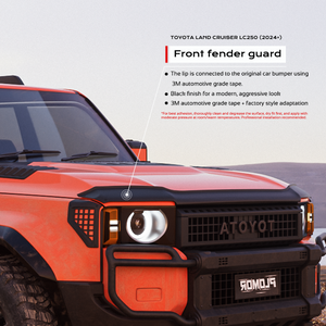 PLOMOR PP black hood deflector on Toyota LC250, front-on installed view on orange vehicle