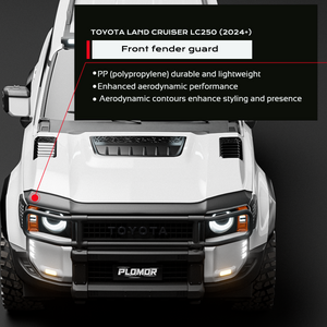 PLOMOR PP black hood deflector bug shield on Toyota Land Cruiser LC250, centered front-on view