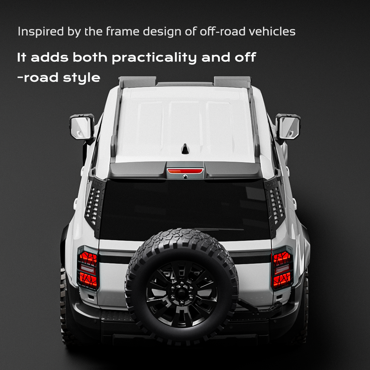 Rear top view of Toyota Land Cruiser LC250 / Land Cruiser 1958 (2024+) fitted with PLOMOR D-pillar embedded bar guards—MOLLE window guards with integrated grab handles—adding practicality and off-road style; lightweight magnesium-aluminium construction.