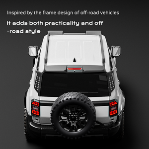 Rear top view of Toyota Land Cruiser LC250 / Land Cruiser 1958 (2024+) fitted with PLOMOR D-pillar embedded bar guards—MOLLE window guards with integrated grab handles—adding practicality and off-road style; lightweight magnesium-aluminium construction.