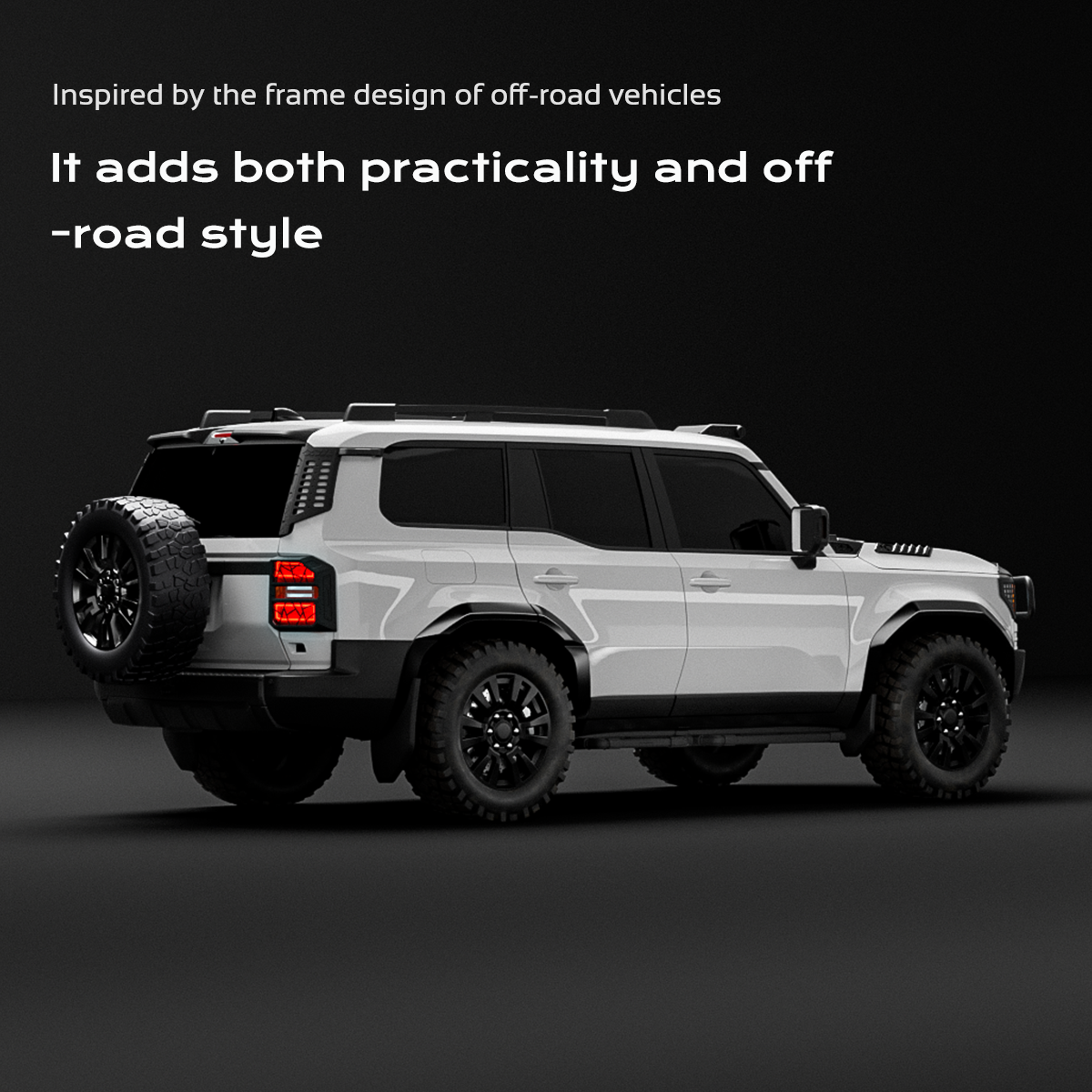 Right rear three-quarter view of Toyota Land Cruiser LC250 / Land Cruiser 1958 (2024+) equipped with PLOMOR D-pillar embedded bar guard—MOLLE window guard with integrated grab handle—magnesium-aluminium construction adding practicality and off-road style.