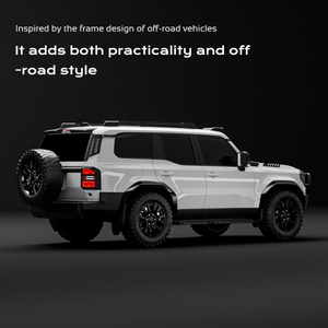 Right rear three-quarter view of Toyota Land Cruiser LC250 / Land Cruiser 1958 (2024+) equipped with PLOMOR D-pillar embedded bar guard—MOLLE window guard with integrated grab handle—magnesium-aluminium construction adding practicality and off-road style.