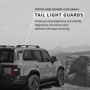 PLOMOR tail light guards / taillight protectors for Toyota Land Cruiser LC250 / Land Cruiser 1958 (2024+) — magnesium-aluminium alloy, 3M-type adhesive mounting, preserves lamp brightness and visibility; lifestyle cliff scene