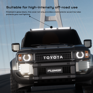 PLOMOR ABS triple roof lighting cover in gloss black on Toyota Land Cruiser LC250, centered front-on installed view