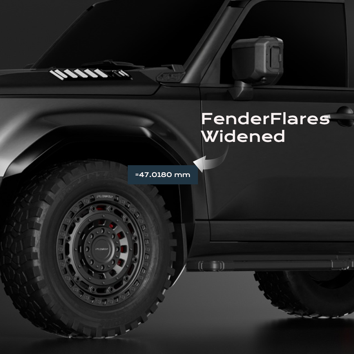 Front wheel-arch detail of PLOMOR matte black ABS wide body fender flares on Toyota LC250