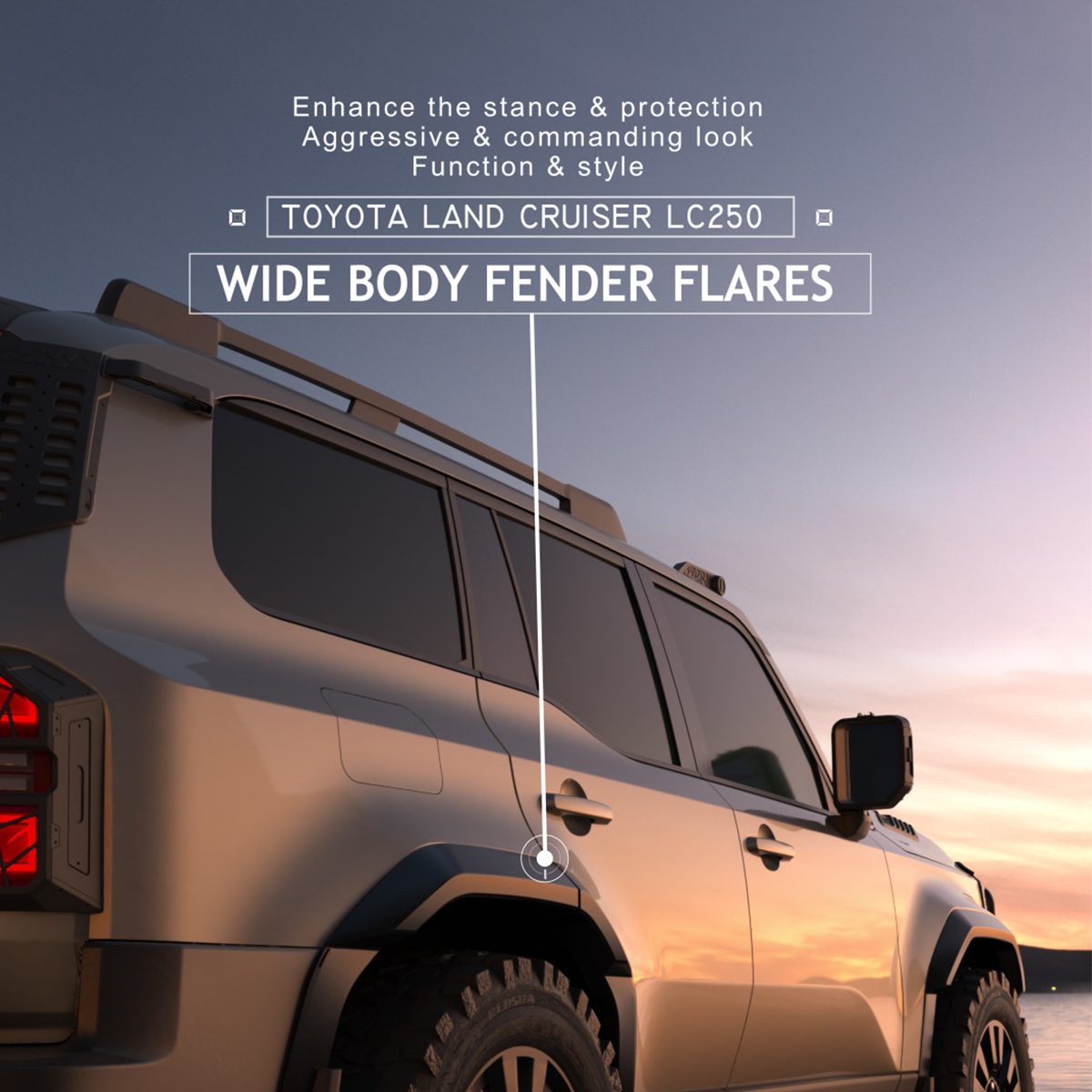 PLOMOR LC250 wide body fender flares in matte black ABS, three-quarter left installed outdoor view