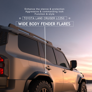 PLOMOR LC250 wide body fender flares in matte black ABS, three-quarter left installed outdoor view