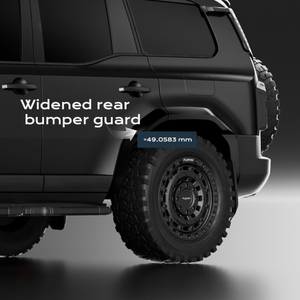 PLOMOR matte black ABS wide body fender flares on Toyota LC250, three-quarter right installed view