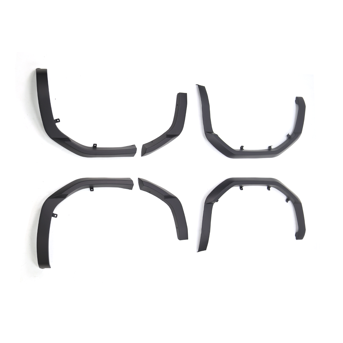 Overview of PLOMOR LC250 wide body fender flares set in matte black ABS showing front/rear pairs