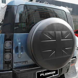 PLOMOR UK Flag ABS Spare Wheel Cover Installed on Defender 130 Rear View