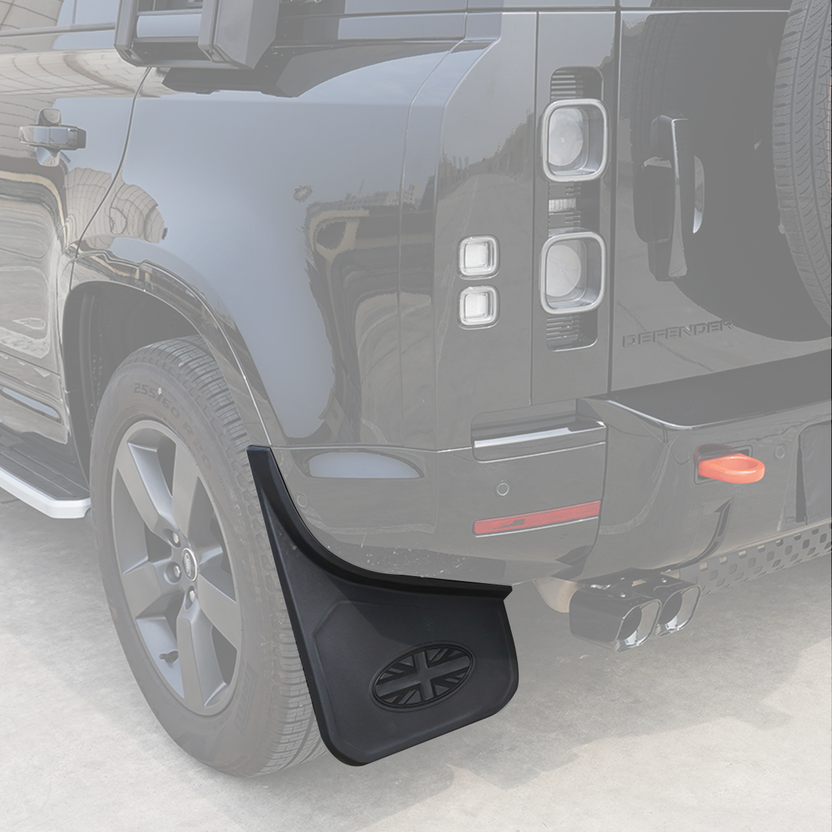 OEM Fit Union Jack Mud Flaps Installed on Defender 130 | PLOMOR Upgrade
