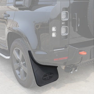 OEM Fit Union Jack Mud Flaps Installed on Defender 130 | PLOMOR Upgrade