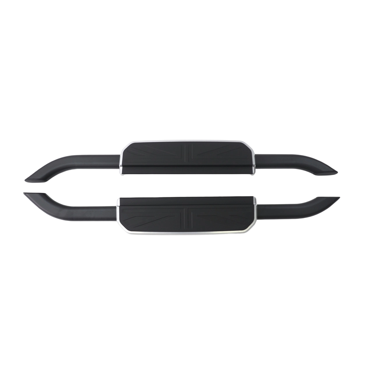 Aluminum side steps with black/silver trim for the rice flag