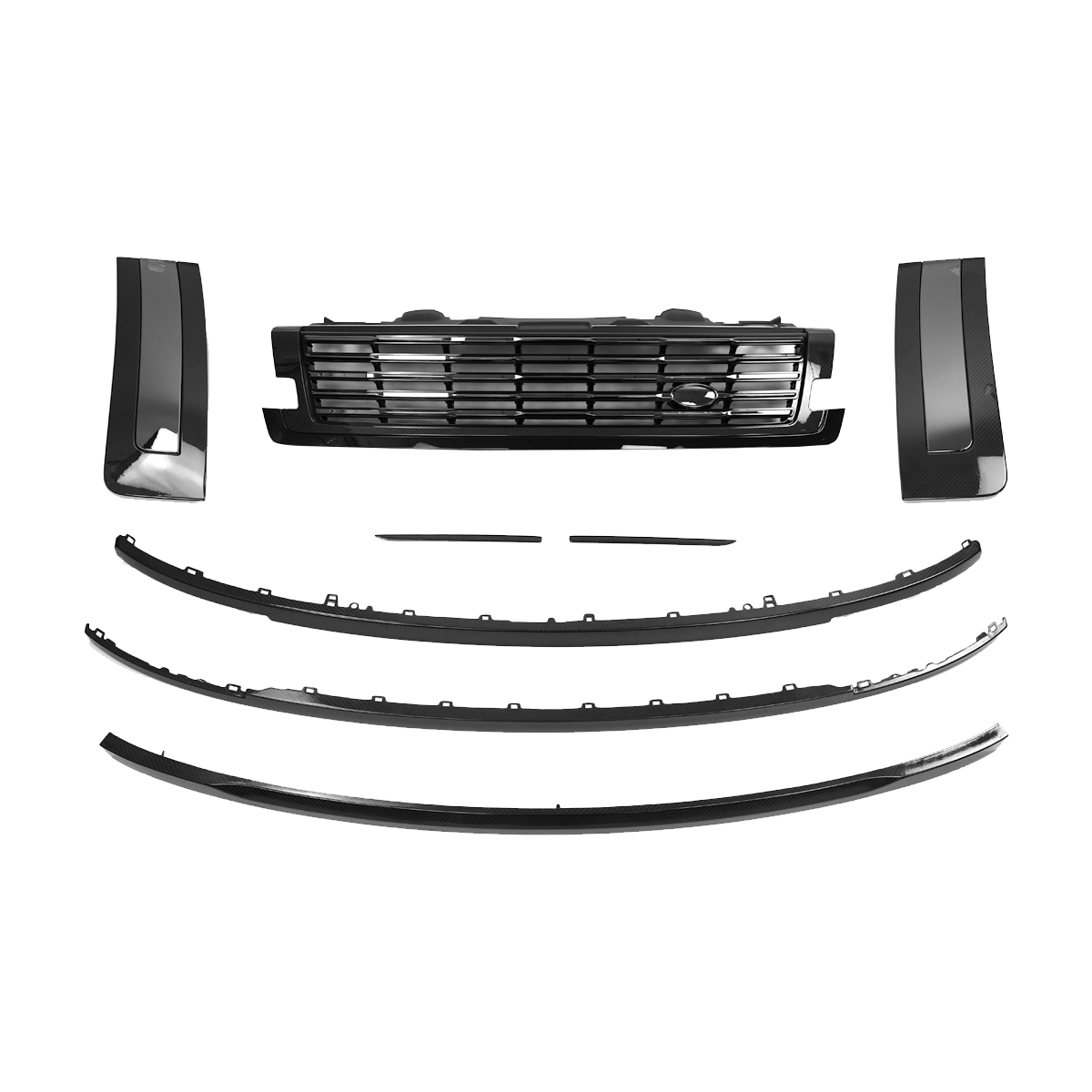 Full installed view of the premium carbon fiber exterior kit for Range Rover L460, showcasing the seamless fit of the grille, tailgate cover, and side vents for a high-performance aesthetic upgrade.