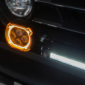Front view installed square LED pods on Defender