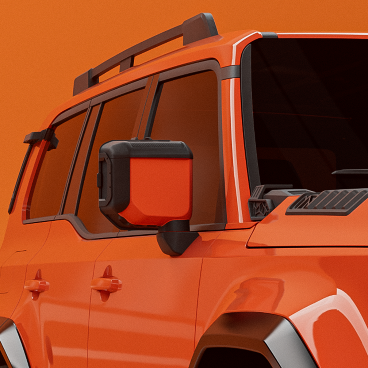 Magnesium-aluminium mirror guards installed on Toyota LC250 showing integrated GoPro mount