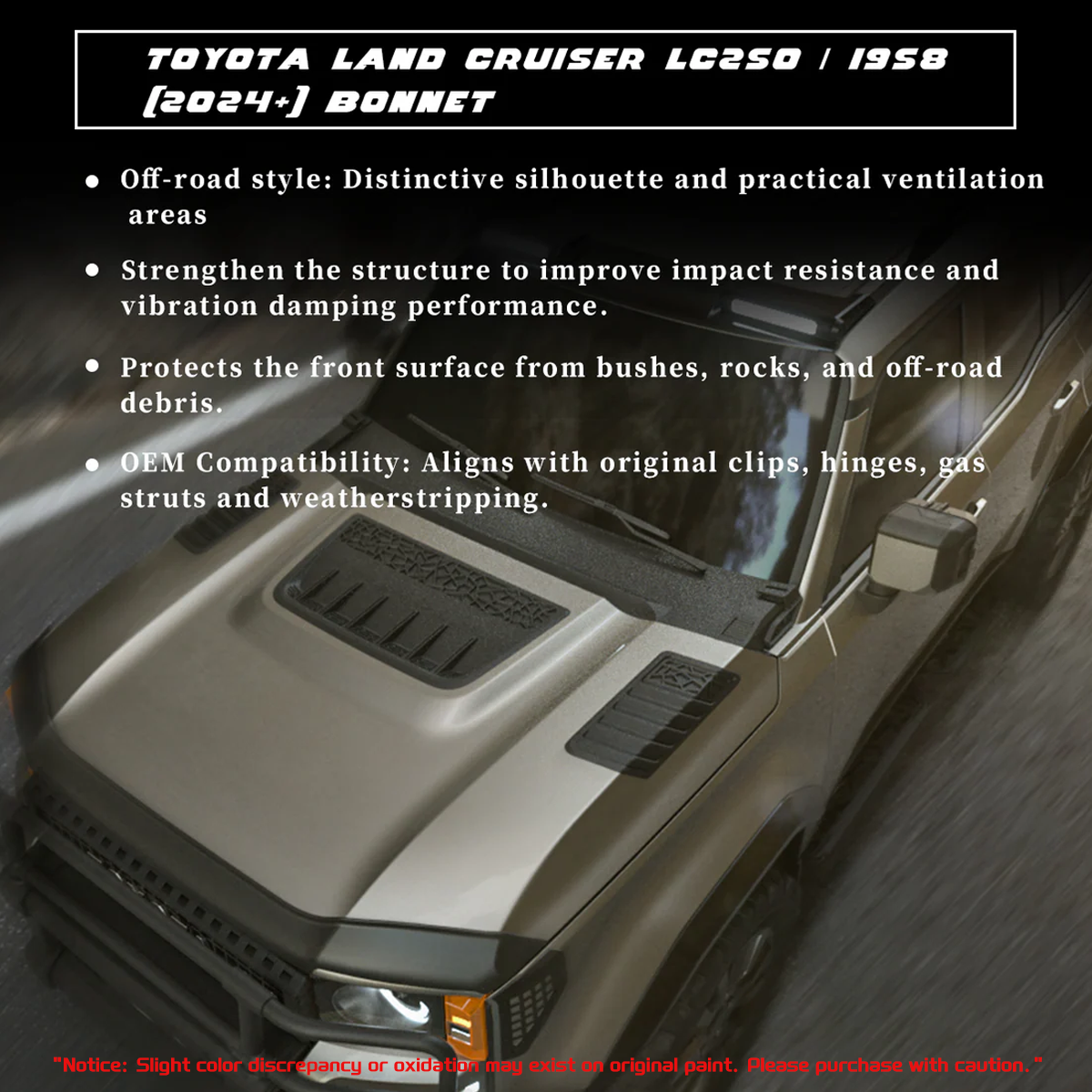 Off-road style bonnet hood for Toyota Land Cruiser LC250 and 1958, hybrid aluminum and ABS construction, improves front-end protection and OEM fitment.