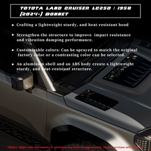 Off-road style engine hood for Toyota Land Cruiser LC250 and 1958, hybrid aluminum and ABS construction, lightweight, heat resistant and custom fit design.