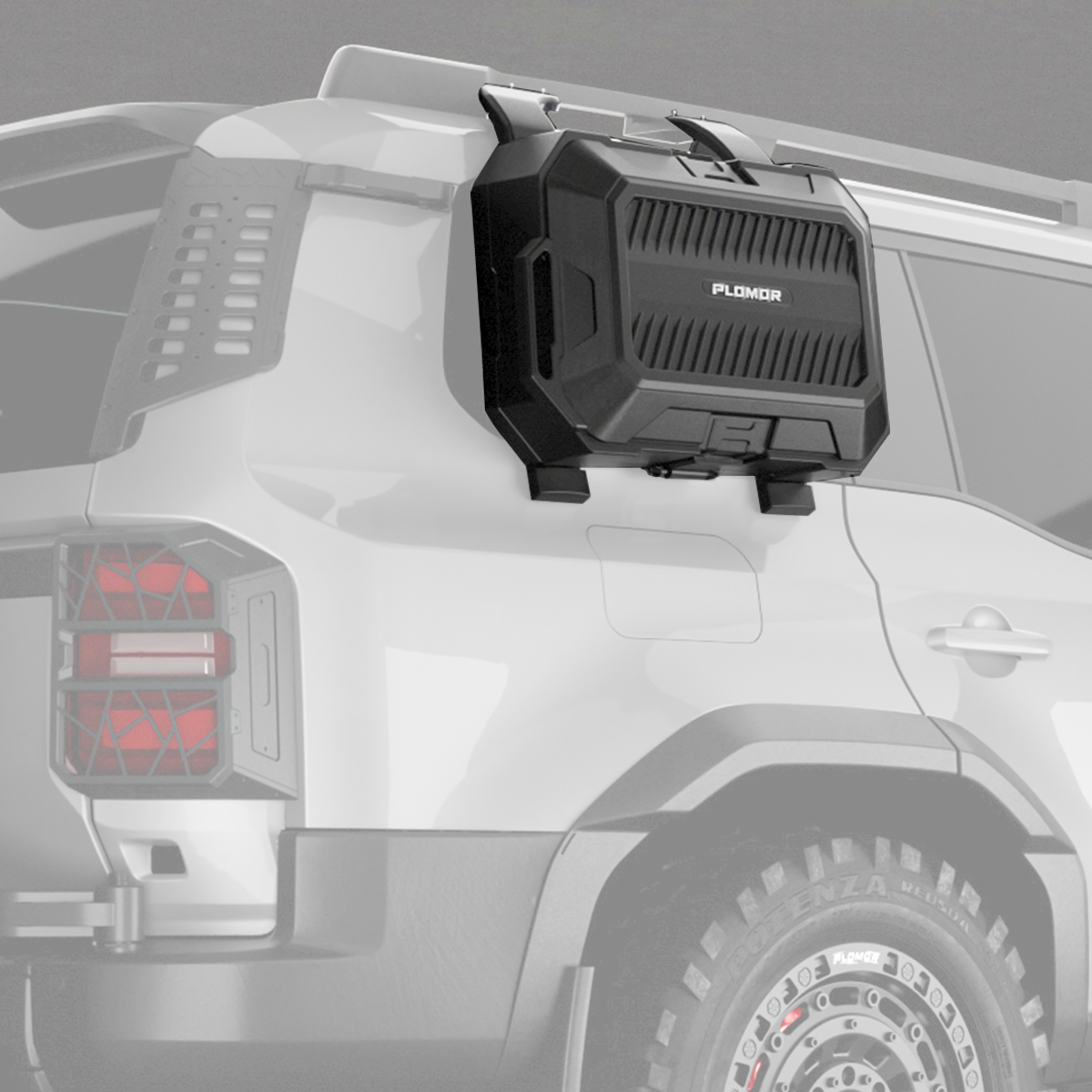 PLOMOR side-mounted storage box installed on Toyota LC250 providing additional storage and rugged styling